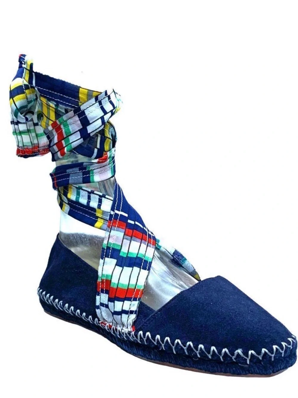 Zara Women's Navy Espadrille Wrap Flats with Multicolor Scarf Ties New Size 36